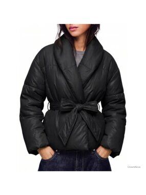 Womens Cropped Quilted Puffer Jacket Tie Belt Oversized Winter Coat